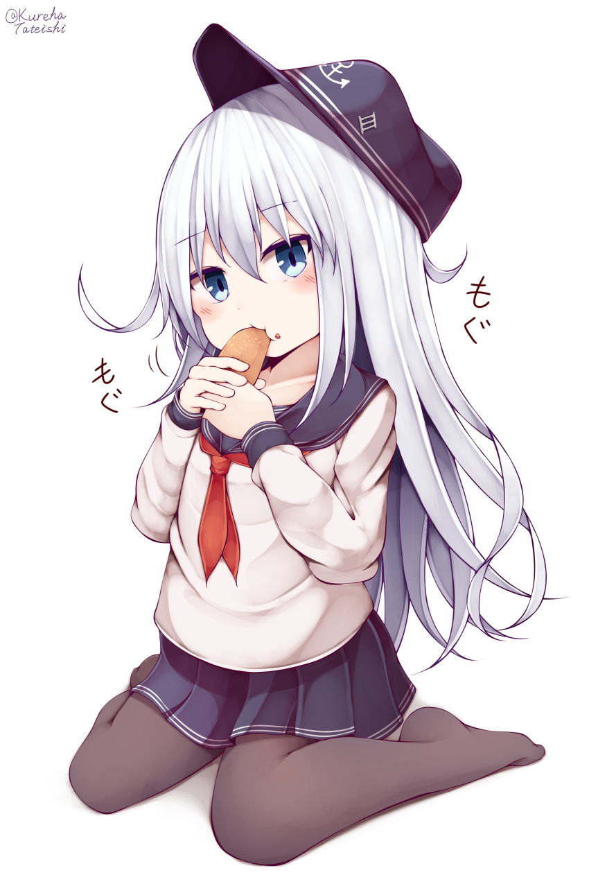 1girl absurdres anchor_symbol bangs black_headwear black_legwear black_sailor_collar black_skirt blue_eyes blush commentary_request eating eyebrows_visible_through_hair flat_cap food food_on_face full_body hair_between_eyes hamayuu_(litore) hat hibiki_(kantai_collection) highres holding holding_food kantai_collection long_hair long_sleeves neckerchief no_shoes pantyhose pirozhki pleated_skirt red_neckwear sailor_collar shadow shirt silver_hair sitting skirt sleeves_past_wrists solo twitter_username very_long_hair wariza white_background white_shirt