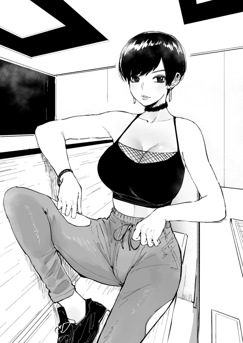 1girl bangs bare_shoulders bracelet breasts choker earrings english_commentary fishnets greyscale highres jewelry large_breasts looking_at_viewer midriff monochrome norman_maggot olive_laurentia original pants parted_lips pixie_cut shoes short_hair sitting sneakers swept_bangs