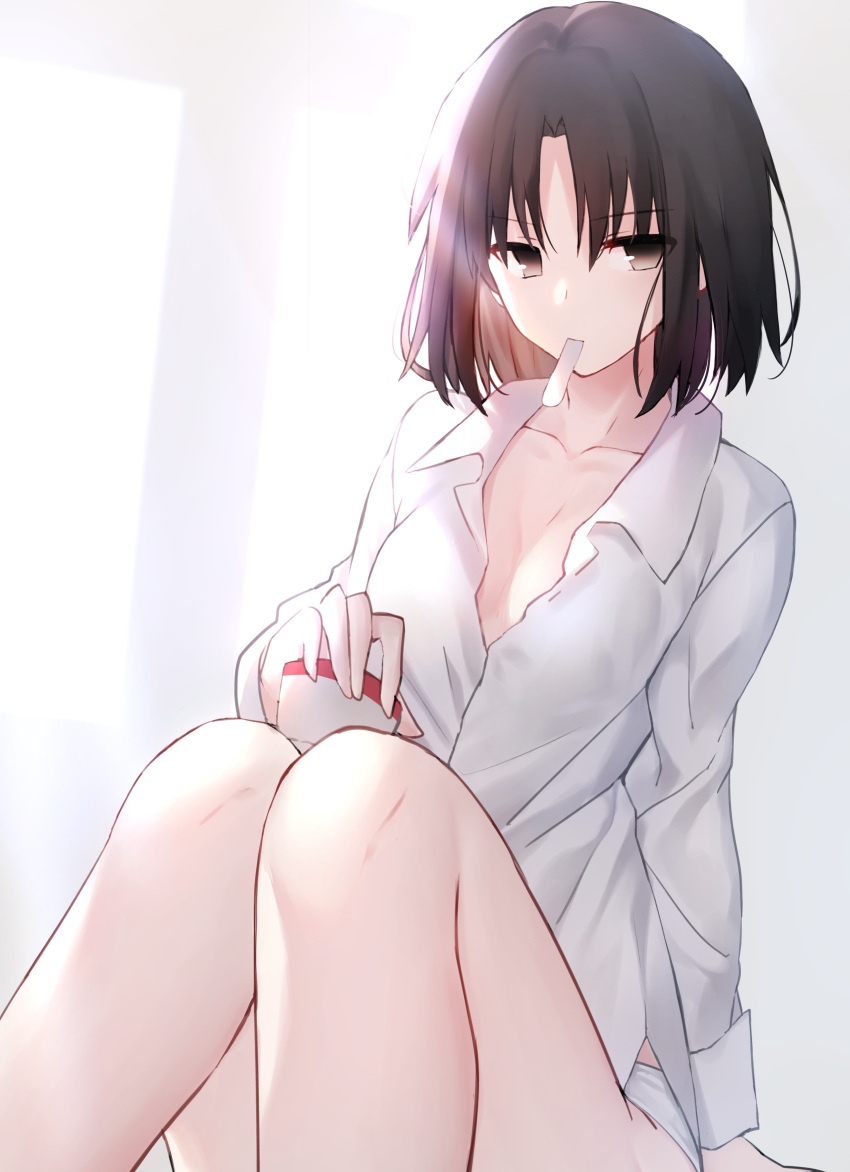 1girl absurdres black_eyes black_hair eyebrows_visible_through_hair highres ice_cream_cup ice_cream_scoop in_mouth kara_no_kyoukai knees_up no_bra okakasushi panties partially_unbuttoned ryougi_shiki shirt short_hair solo underwear