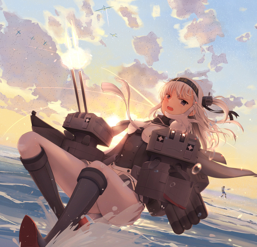 +_+ 2girls absurdres aircraft aircraft_request backlighting bangs black_headband bodysuit breasts cape character_request chou-10cm-hou-chan_(suzutsuki's) clothes_writing clouds cloudy_sky commentary_request firing grey_cape hachimaki hair_ornament headband highres holding holding_weapon kantai_collection long_hair looking_at_viewer medium_breasts multiple_girls neckerchief ocean one_eye_closed one_side_up outdoors pantyhose pleated_skirt propeller_hair_ornament rigging ryouh.s sailor_collar silver_hair skin_tight skirt sky splashing standing standing_on_liquid sunset suzutsuki_(kantai_collection) sweat tagme torpedo torpedo_tubes turret water water_drop weapon white_bodysuit white_legwear white_neckwear