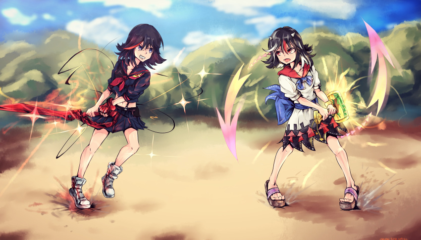 2girls black_hair blue_eyes blue_sky bracelet chinese_commentary clouds collarbone commentary_request crop_top crossover dated day dirt fighting_stance gloves hakurei_fling highres holding holding_hammer holding_sword holding_weapon horns jewelry kijin_seija kill_la_kill look-alike looking_at_another matoi_ryuuko midriff miracle_mallet multicolored_hair multiple_girls navel neckerchief outdoors red_eyes red_neckwear sandals school_uniform scissor_blade scowl senketsu serafuku shoes short_hair signature single_glove sky sneakers streaked_hair sword touhou tree weapon