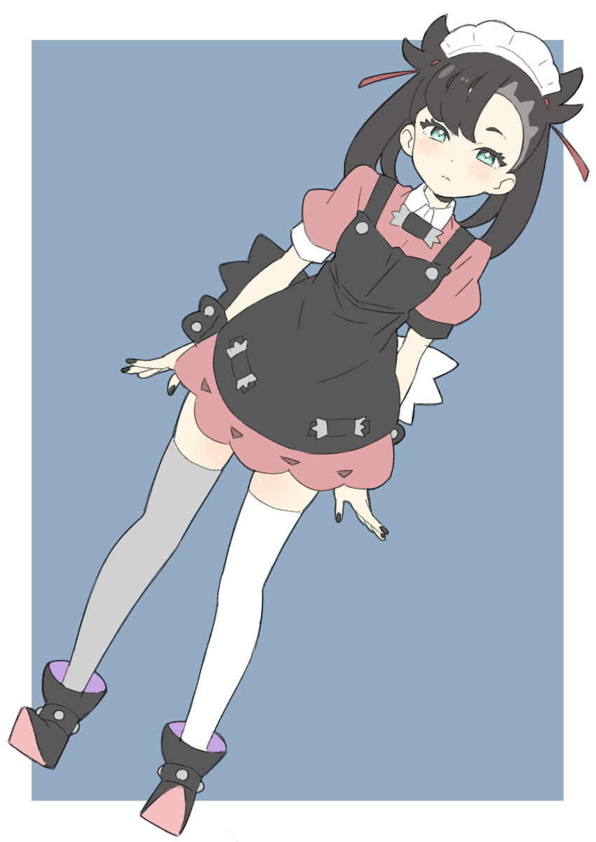 1girl absurdres alternate_costume ankle_boots apron aqua_eyes arms_at_sides asymmetrical_bangs bangs black_apron black_footwear blue_background boots border donguri_suzume dress dutch_angle enmaided full_body highres long_hair maid maid_headdress mary_(pokemon) pink_dress pokemon pokemon_(game) pokemon_swsh puffy_short_sleeves puffy_sleeves short_sleeves simple_background solo standing thigh-highs twintails white_border white_legwear wrist_cuffs zettai_ryouiki