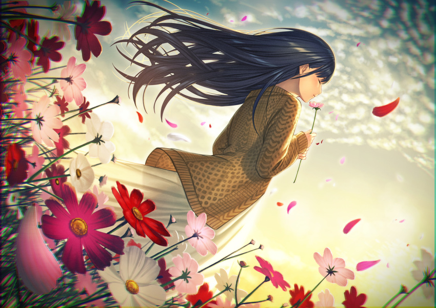 1girl aran_sweater black_hair blurry brown_sweater chromatic_aberration closed_eyes closed_mouth clouds daisy dress field fisheye flower flower_field from_side hands_up holding holding_flower kyon_(fuuran) long_hair long_sleeves original outdoors petals sky smelling_flower solo standing sweater upper_body white_dress wind