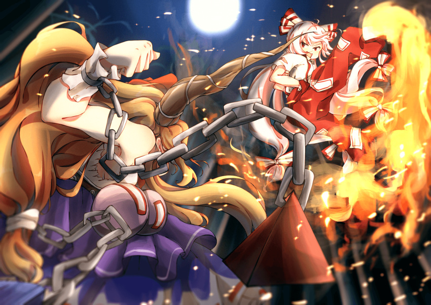 2girls armpits asymmetrical_eyes bamboo bamboo_forest bare_arms battle blue_skirt blurry_foreground bow chain clenched_hand commentary_request cuffs dress embers fire floating forest fujiwara_no_mokou full_moon furrowed_eyebrows gourd hair_bow hair_ribbon hands_in_pockets highres horns ibuki_suika layered_dress leg_lift long_hair looking_at_another low-tied_long_hair moon multiple_girls nature night ofuda open_mouth orange_hair outdoors pants pyramid_(geometry) red_eyes red_pants ribbon sachisudesu shackles shirt skirt sleeveless sleeveless_shirt suspenders torn_clothes torn_sleeves touhou very_long_hair white_hair white_shirt wrist_cuffs