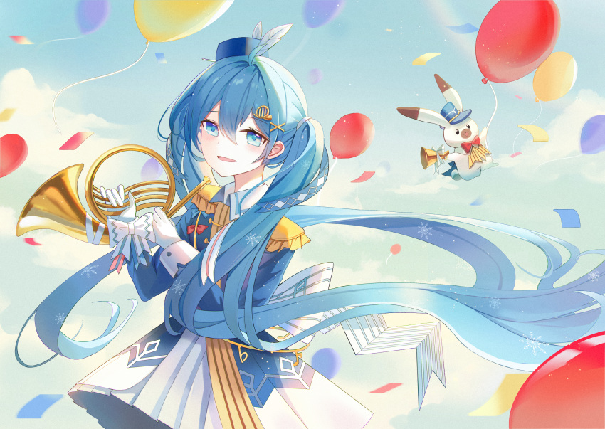 1girl absurdres animal balloon band_uniform blue_eyes blue_hair blue_headwear blue_jacket blue_sky bow bowtie clouds cloudy_sky commentary confetti day epaulettes floating_hair french_horn gloves hair_ornament half-closed_eyes hat hat_feather hatsune_miku highres holding holding_balloon holding_instrument horn_(instrument) huge_filesize instrument iren_lovel jacket light_blush long_hair looking_at_viewer open_mouth outdoors pleated_skirt rabbit rabbit_yukine rainbow skirt sky smile twintails upper_body very_long_hair vocaloid white_bow white_gloves white_skirt yuki_miku yuki_miku_(2020)