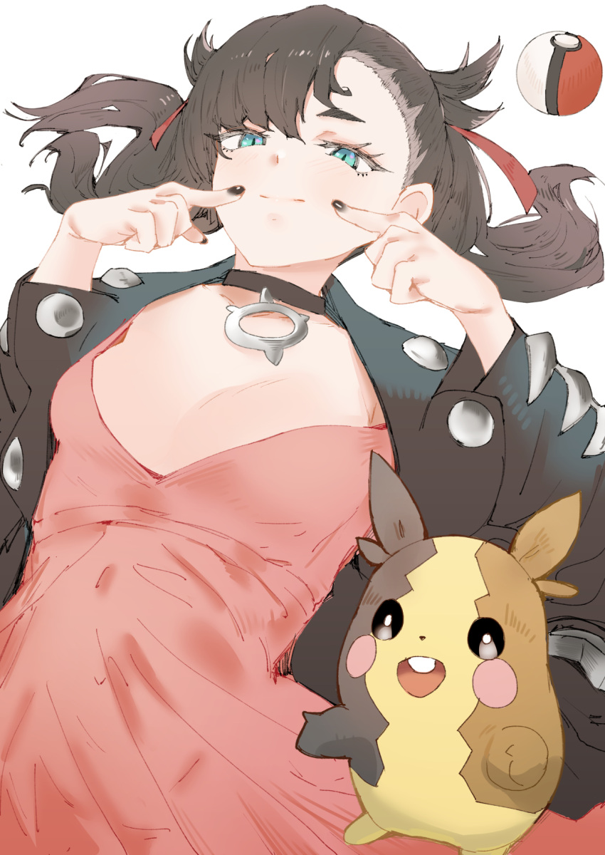 1girl aqua_eyes asymmetrical_bangs asymmetrical_hair bangs black_hair black_jacket black_nails blush breasts choker commentary_request dress earrings hair_ribbon highres jacket jewelry long_sleeves looking_at_viewer lying mary_(pokemon) morpeko on_back open_clothes pink_dress poke_ball pokemon pokemon_(game) pokemon_swsh ribbon simple_background small_breasts smile solo twintails white_background yhes70903