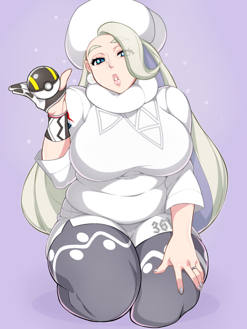 1girl absurdres blonde_hair blue_eyes breasts earrings eyes_visible_through_hair full_body gloves grey_legwear grey_nails gym_leader hat highres holding holding_poke_ball jewelry large_breasts long_hair long_sleeves looking_at_viewer melon_(pokemon) muttsu_99 pantyhose parted_lips partly_fingerless_gloves plump poke_ball pokemon pokemon_(game) pokemon_swsh seiza sitting solo sweater thighs ultra_ball very_long_hair white_earrings white_headwear white_sweater
