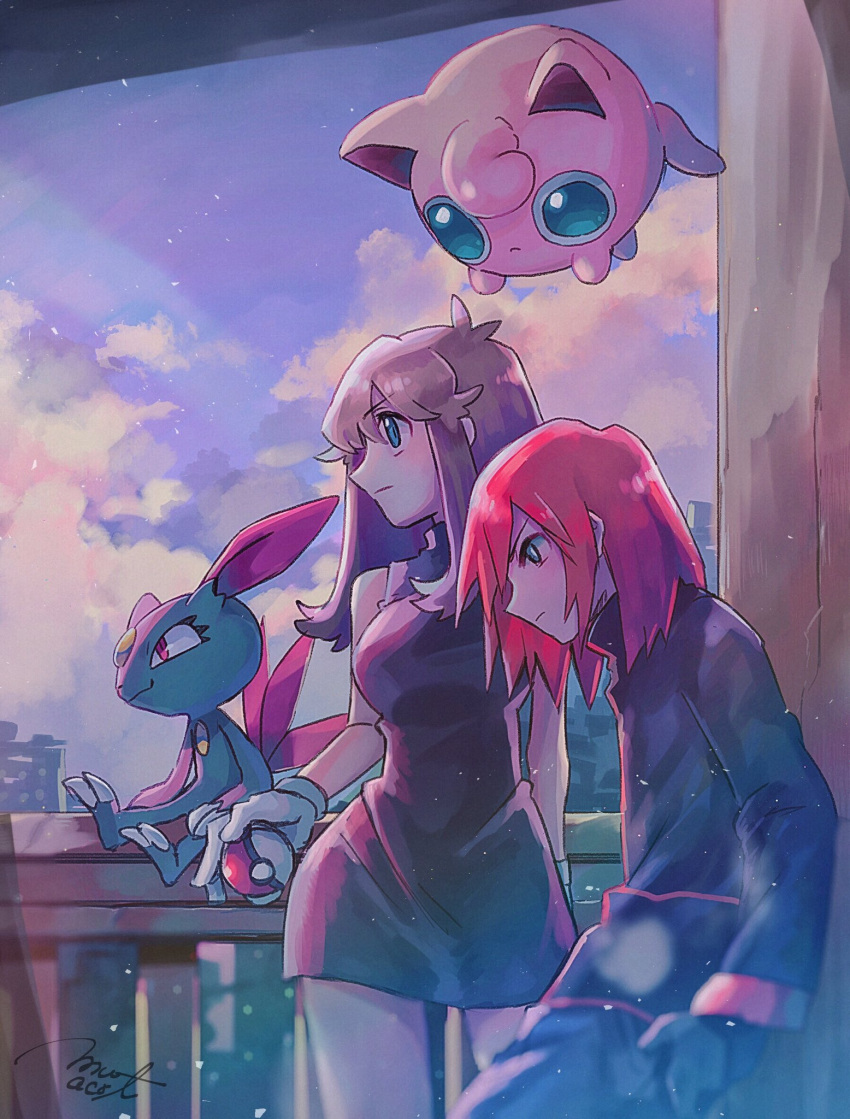 1boy 1girl black_dress black_gloves black_jacket black_pants blue_(pokemon) blue_eyes blurry_foreground brown_hair contrapposto day dress gloves hair_between_eyes highres holding holding_poke_ball jacket jigglypuff long_hair long_sleeves mu_acrt outdoors pants poke_ball pokemon pokemon_(game) pokemon_frlg pokemon_gsc redhead shiny shiny_hair short_dress signature silver_(pokemon) sleeveless sleeveless_dress sneasel white_gloves