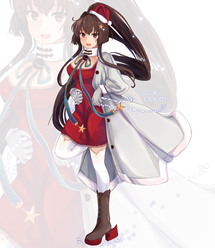 1girl alternate_costume boots brown_footwear brown_hair cake_no_shaberu dress full_body fur-trimmed_hat gloves grey_coat grey_gloves hair_ornament hat highres kantai_collection long_hair long_sleeves multiple_views ponytail red_dress red_headwear rudder_footwear santa_dress santa_hat sidelocks solo standing standing_on_one_leg star star_hair_ornament thigh-highs very_long_hair white_legwear yamato_(kantai_collection)