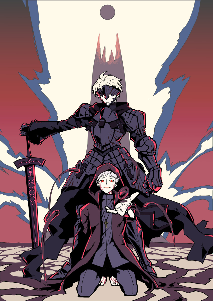 2boys absurdres armor armored_gloves arthur_pendragon_(fate) artoria_pendragon_(all) barefoot cross cross_necklace dark_excalibur dark_persona emiya_shirou energy fate/prototype fate/stay_night fate_(series) hanahiyo_(hoimin) highres hood hood_up jewelry kneeling kotomine_shirou_(fanfic) limited_palette long_sleeves looking_at_viewer male_focus mask multiple_boys necklace outstretched_hand pale_skin platinum_blonde_hair red_eyes saber_alter silver_hair