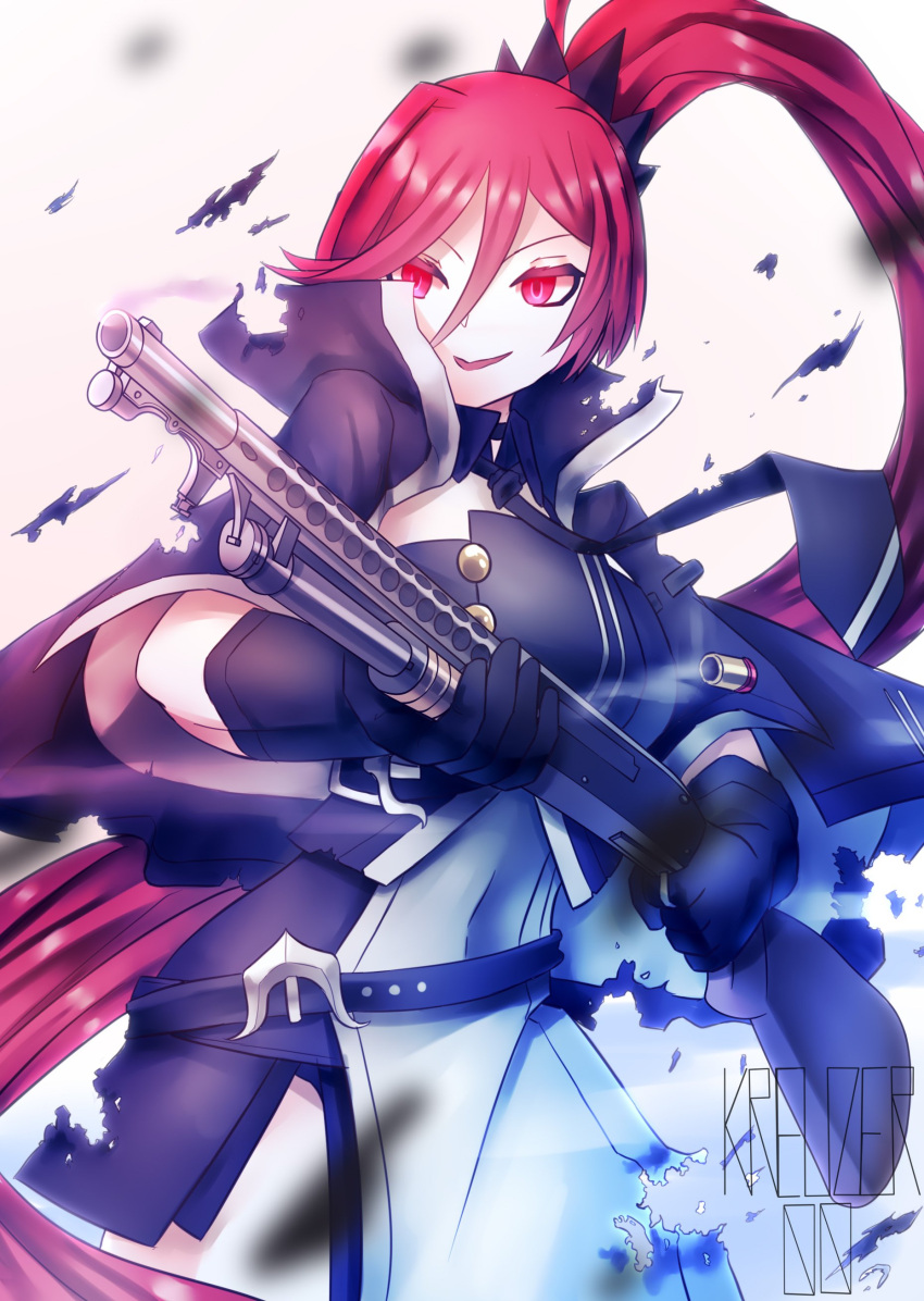 1girl absurdres artist_name azur_lane bangs black_gloves cape commentary english_commentary gloves glowing glowing_eyes grin gun hair_between_eyes highres holding holding_gun holding_weapon kreuzer_00 long_hair long_ponytail maryland_(azur_lane) necktie open_mouth ponytail red_eyes redhead shell_casing shotgun signature simple_background smile smoke smoking_gun solo torn_clothes weapon white_background