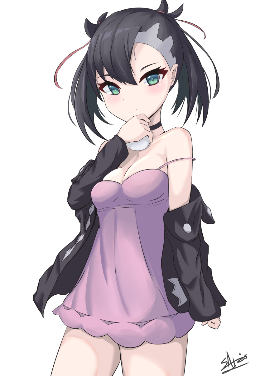 1girl absurdres asymmetrical_bangs bangs bare_shoulders black_choker black_hair black_jacket blush breasts choker closed_mouth collarbone commentary_request dress eyebrows_visible_through_hair green_eyes hair_between_eyes hair_ribbon hand_up highres holding holding_poke_ball ichikawayan jacket long_sleeves mary_(pokemon) medium_breasts off_shoulder open_clothes open_jacket pink_dress poke_ball pokemon pokemon_(game) pokemon_swsh red_ribbon ribbon signature simple_background sleeves_past_wrists smile solo strap_slip twintails white_background