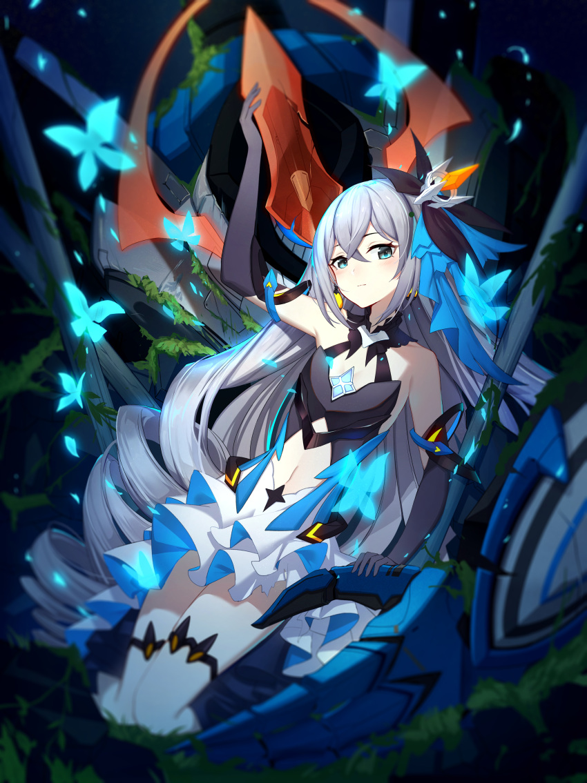 1girl absurdres arm_up bangs black_gloves blush breasts bronya_zaychik bronya_zaychik_(herrscher_of_reason) bug butterfly center_opening closed_mouth crossed_bangs dress drill_hair earrings elbow_gloves gloves hair_ornament hair_ribbon highres honkai_(series) honkai_impact_3rd insect jewelry layered_dress long_hair looking_at_viewer project_bunny quad_drills ribbon silver_hair sitting small_breasts solo thigh-highs white_legwear
