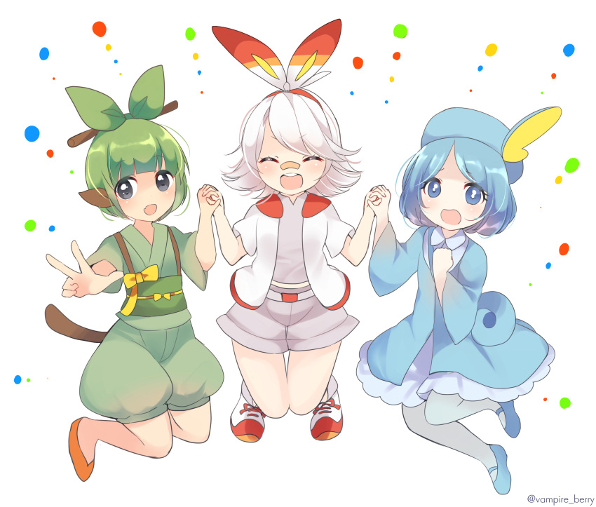 3girls :d :o bandaid bandaid_on_nose bangs blue_dress blue_eyes blue_footwear blue_hair blue_headwear blunt_bangs bow closed_eyes dress error facing_viewer green_bow green_hair grookey hair_bow hair_ornament hair_stick hairband hat highres holding_hand jumping looking_at_viewer multiple_girls open_mouth orange_footwear ougi_hina parted_bangs personification pokemon red_hairband scorbunny shorts simple_background smile sobble twitter_username white_background