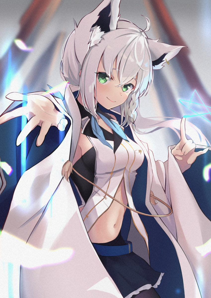 1girl animal_ears armpits azur_lane belt blurry blurry_background braid breasts detached_sleeves fox_ears fox_shadow_puppet green_eyes hair_between_eyes highres hololive looking_at_viewer navel official_alternate_costume reaching_out shirakami_fubuki side_braid silver_hair smile solo star virtual_youtuber yudetama