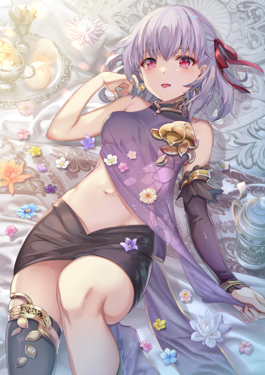 1girl bangs bare_shoulders black_legwear black_skirt blush breasts cup dress earrings fate/grand_order fate_(series) flower food fruit hair_ribbon highres jewelry kama_(fate/grand_order) knee_up looking_at_viewer lying navel on_back open_mouth peach pelvic_curtain purple_dress purple_legwear purple_sleeves red_eyes red_ribbon ribbon short_hair silver_hair single_thighhigh skirt small_breasts solo thigh-highs thighlet thighs tongue tongue_out torino_akua tray