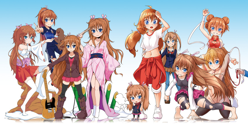 6+girls ahoge arm_up arms_behind_head bad_id bandaged_wrist black_legwear blue_background blue_eyes blue_jacket blue_pants blue_shorts bow bowtie brown_cardigan brown_footwear brown_hair brown_skirt cardigan closed_mouth clothes_around_waist collarbone collared_shirt detached_sleeves floating_hair floral_print full_body gradient gradient_background grin guitar gun gym_uniform hair_ribbon hakama hakama_skirt hand_on_hilt highres holding holding_gun holding_weapon hood hood_down hooded_cardigan houjou_hibiki instrument jacket jacket_around_waist japanese_clothes kanichiri kimono layered_skirt leggings long_hair long_sleeves looking_at_viewer low_twintails midriff miko miniskirt monkey multiple_girls navel nude off_shoulder open_cardigan open_clothes open_mouth outstretched_arm pants partially_unzipped pink_kimono pink_ribbon plaid plaid_skirt pleated_skirt precure print_kimono purple_skirt red_bow red_hakama red_jacket red_neckwear red_pants ribbon ribbon-trimmed_sleeves ribbon_trim sarashi school_uniform shiny shiny_hair shirt shorts skirt sleeveless sleeveless_kimono smile socks stomach suite_precure thigh-highs tied_hair tied_shirt torn_clothes torn_legwear torn_shirt twintails v very_long_hair weapon white_kimono white_legwear white_ribbon white_shirt wing_collar zettai_ryouiki zipper