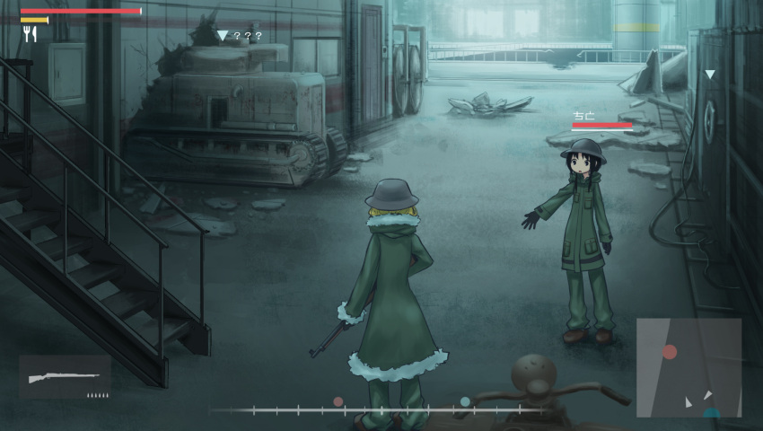 2girls ? bangs black_eyes black_gloves black_hair blonde_hair building cable caterpillar_tracks character_name chito_(shoujo_shuumatsu_ryokou) commentary_request facing_away fork fur_trim gloves green_pants ground_vehicle gun handlebar heads-up_display health_bar highres hood hood_down kettenkrad knife long_hair long_sleeves military military_vehicle motor_vehicle multiple_girls pants railing rifle roke_(taikodon) rubble ruins shoes shoujo_shuumatsu_ryokou stairs symbol tank tank_(container) weapon yuuri_(shoujo_shuumatsu_ryokou)