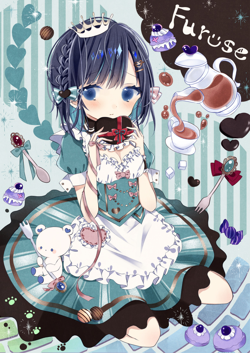 1girl absurdres apron aqua_dress aqua_skirt bangs blue_eyes blue_hair blush candy character_request chocolate chocolate_heart closed_mouth commentary_request copyright_request corset crown cup dress eyebrows_visible_through_hair food fork frilled_dress frills hair_ornament hair_ribbon hairclip heart highres huge_filesize juliet_sleeves kotamun lolita_fashion long_sleeves looking_at_viewer macaron mini_crown puffy_short_sleeves puffy_sleeves ribbon short_hair short_sleeves single_wrist_cuff sitting skirt solo spoon striped striped_skirt stuffed_animal stuffed_toy sugar_cube sweets tea tea_set teacup teapot teddy_bear valentine virtual_youtuber waist_apron wariza wrist_ribbon