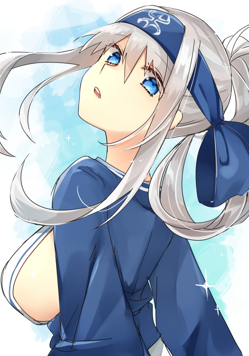1girl ainu_clothes bangs blue_eyes blue_headband breasts cropped_jacket dress eyebrows_visible_through_hair folded_ponytail head_tilt headband highres kamoi_(kantai_collection) kantai_collection katsuobushi_(eba_games) large_breasts looking_at_viewer open_mouth ponytail shaft_look sideboob sidelocks sketch solo sparkle two-tone_background upper_body white_dress white_hair