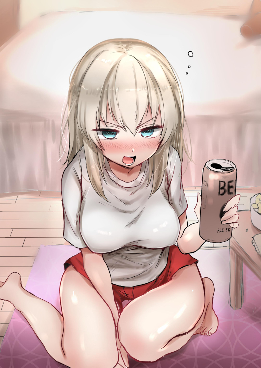 1girl absurdres bangs barefoot bed bedroom beer_mug between_legs blue_eyes blurry blurry_background blush breasts can casual commentary depth_of_field drunk emilio_(tetsukazu_no_ao) frown girls_und_panzer glaring half-closed_eyes hand_between_legs highres holding holding_can indoors itsumi_erika kneeling looking_at_viewer medium_breasts medium_hair open_mouth red_shorts rug shirt short_shorts short_sleeves shorts silver_hair solo t-shirt table white_shirt wooden_floor
