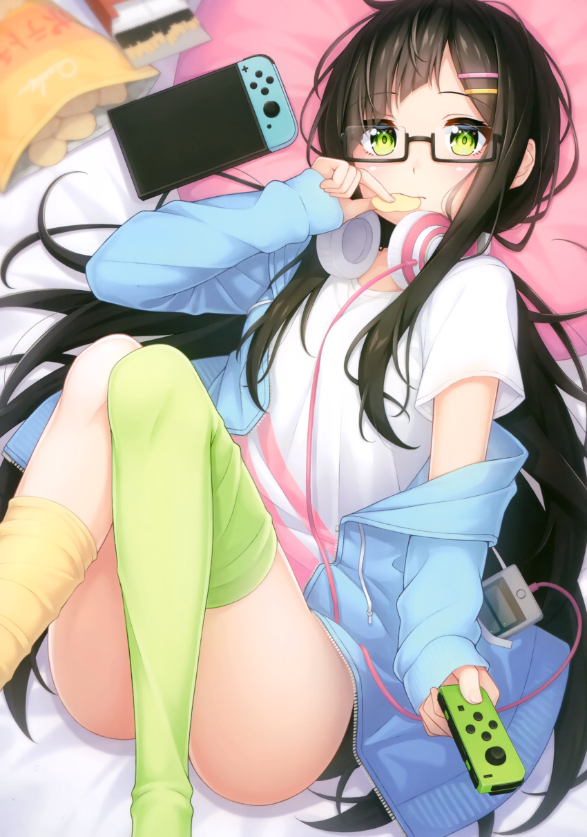 1girl absurdres ass black-framed_eyewear black_hair blue_jacket cable cellphone chips convenient_leg eating food glasses green_eyes green_legwear hair_ornament hairclip headphones headphones_around_neck highres jacket knees_up long_hair long_sleeves looking_at_viewer lying mismatched_legwear nintendo_switch no_pants ochiai_miyabi off_shoulder on_back original phone pillow potato_chips scan semi-rimless_eyewear shirt short_sleeves sidelocks solo thigh-highs very_long_hair white_shirt yellow_legwear