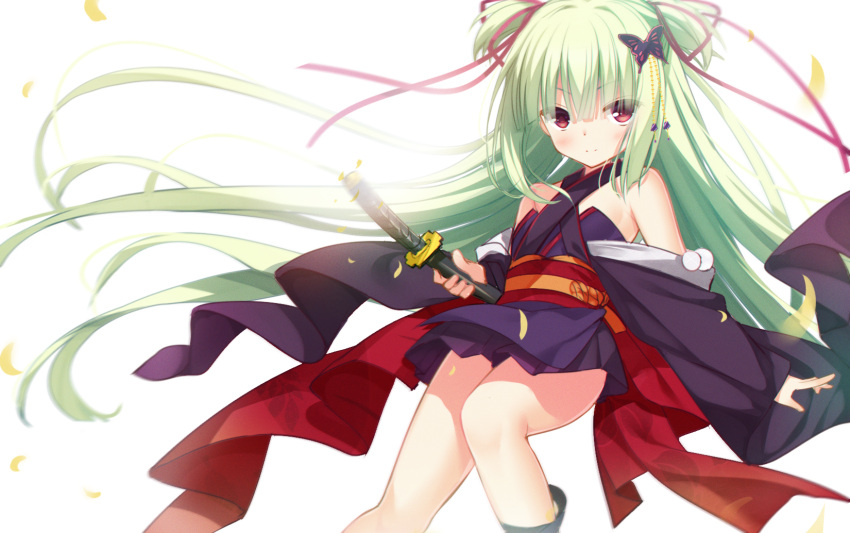 1girl bangs bare_shoulders blush butterfly_hair_ornament cariboy closed_mouth commentary_request eyebrows_visible_through_hair green_hair hair_between_eyes hair_ornament hair_ribbon highres holding holding_sheath japanese_clothes katana kimono long_hair long_sleeves murasame_(senren) off_shoulder purple_kimono red_eyes red_ribbon ribbon senren_banka sheath sheathed simple_background sleeves_past_wrists smile solo sword two_side_up v-shaped_eyebrows very_long_hair weapon white_background wide_sleeves