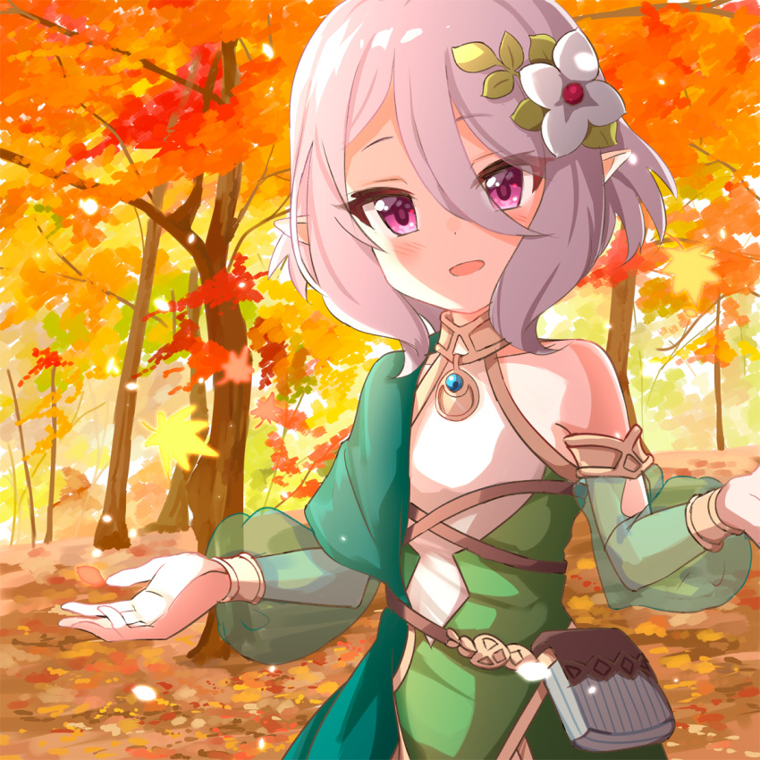 1girl :d ame. autumn_leaves bangs bare_shoulders blush collarbone commentary_request detached_sleeves dress eyebrows_visible_through_hair flower hair_between_eyes hair_flower hair_ornament highres kokkoro_(princess_connect!) long_sleeves looking_at_viewer open_mouth pointy_ears princess_connect! princess_connect!_re:dive puffy_long_sleeves puffy_sleeves see-through see-through_sleeves silver_hair sleeveless sleeveless_dress smile solo tree upper_body violet_eyes white_dress