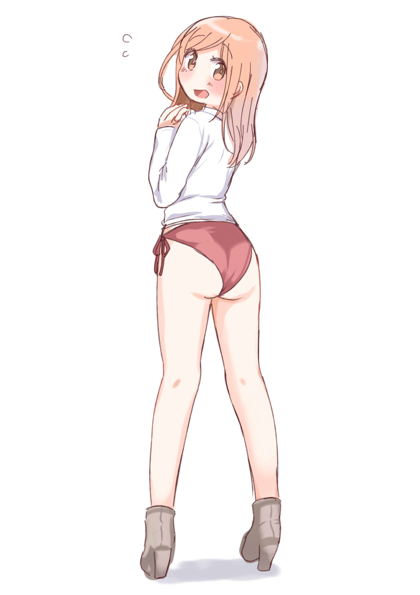 1girl aikawa_chiho ass bangs bare_legs bloomers blush brown_eyes brown_hair commentary_request eyebrows_visible_through_hair facing_away hands_up high_heels highres long_hair looking_at_viewer looking_back open_mouth school_uniform shirt simple_background sketch smile solo standing sweatdrop tatsunokosso underwear white_background white_shirt yuyushiki