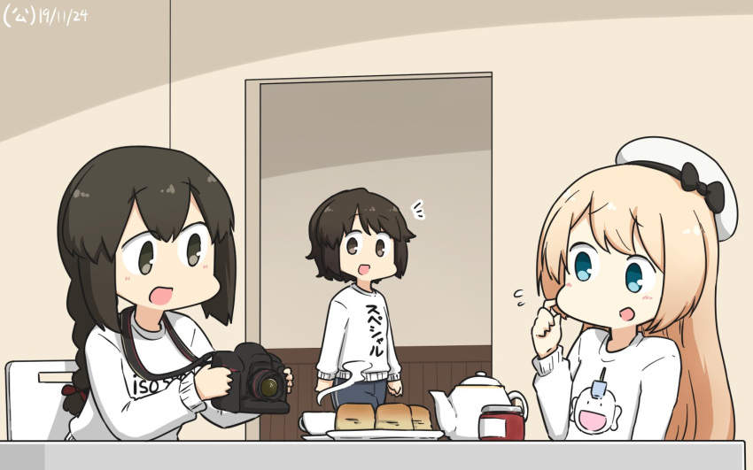 3girls alternate_costume black_eyes black_hair blonde_hair blue_eyes blue_pants braid bread brown_eyes brown_hair camera clothes_writing commentary_request cup dated food hair_between_eyes hamu_koutarou hat highres indoors isonami_(kantai_collection) jam jar jervis_(kantai_collection) kantai_collection miyuki_(kantai_collection) multiple_girls pants sailor_hat short_hair sidelocks smile sweater teacup teapot track_pants twin_braids white_headwear white_sweater