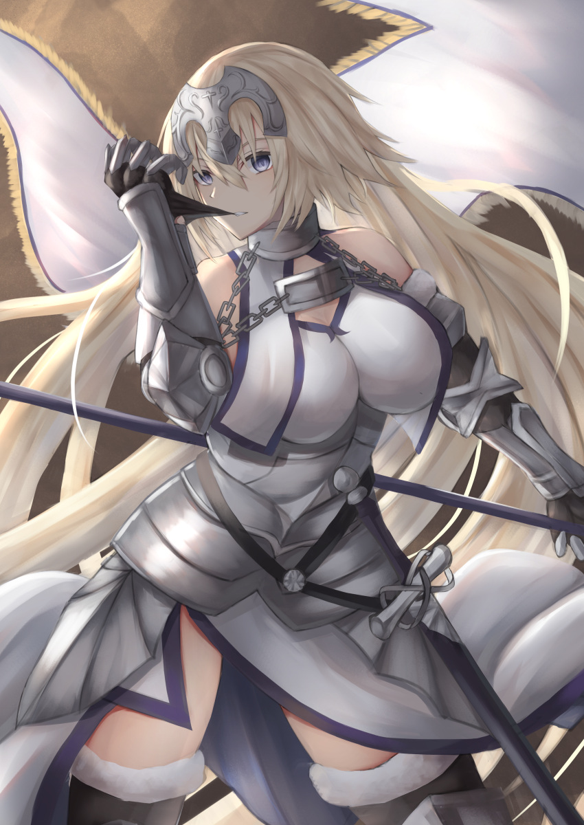 1girl absurdres armor armored_boots armored_dress banner bare_shoulders black_gloves black_legwear blonde_hair blue_eyes boots chain cowboy_shot cowter eto_mitsuba fate/grand_order fate_(series) faulds flag fur-trimmed_gloves fur-trimmed_legwear fur_trim gauntlets gloves gorget headpiece highres holding holding_flag jeanne_d'arc_(fate) jeanne_d'arc_(fate)_(all) long_hair plackart scabbard sheath sheathed solo standard_bearer sword very_long_hair weapon