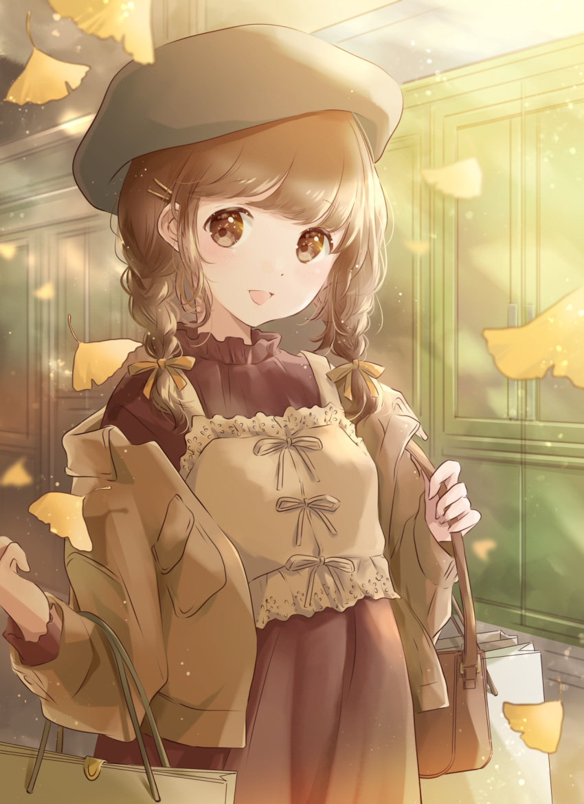 1girl arms_up autumn autumn_leaves bag bangs beret black_headwear braid brown_dress brown_eyes brown_hair brown_jacket camisole camisole_over_clothes commentary_request door dress eyebrows_visible_through_hair falling_leaves ginkgo_leaf hair_ornament hairclip handbag hat head_tilt highres holding holding_bag hoshiibara_mato jacket leaf light_particles long_sleeves looking_at_viewer off-shoulder_jacket open_clothes open_jacket open_mouth original outdoors shopping_bag solo standing twin_braids upper_body