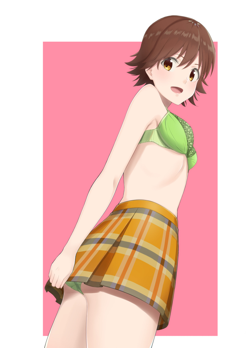 1girl absurdres ass blush border bra breasts brown_eyes brown_hair from_below green_bra green_panties highres honda_mio idolmaster idolmaster_cinderella_girls idolmaster_cinderella_girls_starlight_stage k-ya. lace lace-trimmed_bra looking_at_viewer outside_border panties pantyshot pantyshot_(standing) pink_background plaid plaid_skirt short_hair skirt small_breasts solo standing thighs underwear white_border