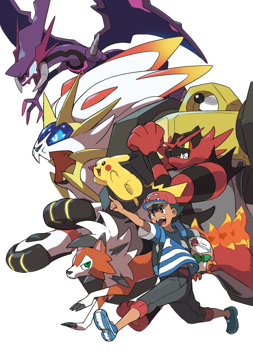 1boy absurdres baseball_cap blue_footwear capri_pants carrying_under_arm drooling gen_1_pokemon gen_7_pokemon green_eyes grey_pants hat highres holding holding_pokemon incineroar lycanroc male_focus melmetal naganadel oomura_yuusuke open_mouth pants pikachu pointing pokemon pokemon_(anime) pokemon_(creature) pokemon_sm_(anime) red_headwear rowlet running satoshi_(pokemon) shirt shoes simple_background sleeping sneakers solgaleo striped striped_shirt ultra_beast white_background