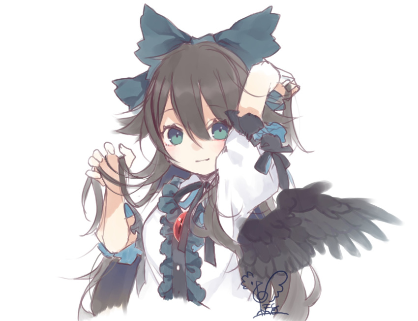 1girl arm_up bangs black_hair black_neckwear black_ribbon black_wings blush bow brooch center_frills eyebrows_visible_through_hair feathered_wings green_bow green_eyes hair_between_eyes hair_bow hand_up hands_in_hair highres jewelry long_hair looking_at_viewer neck_ribbon puffy_short_sleeves puffy_sleeves reiuji_utsuho ribbon shirt short_sleeves signature simple_background solo touhou toutenkou upper_body white_background white_shirt wings