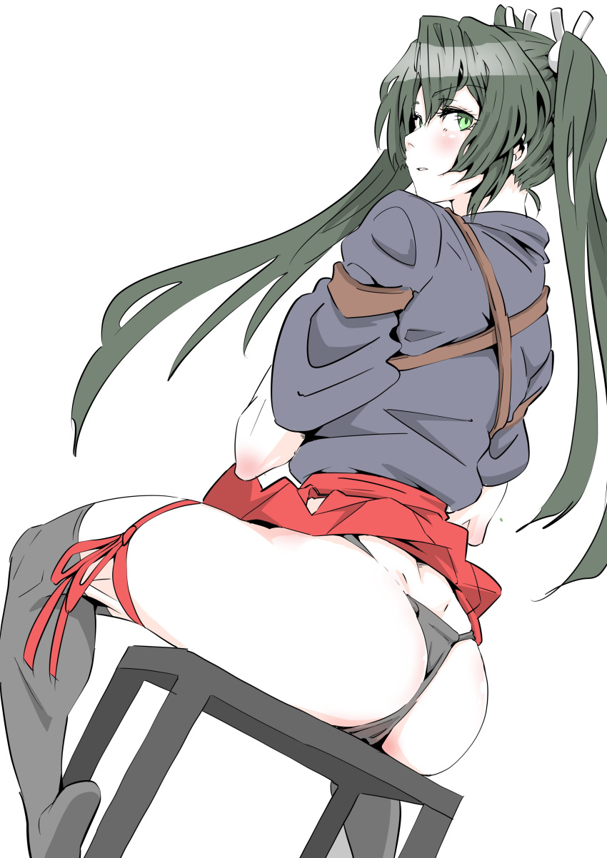 1girl absurdres ass blush chair commentary_request dark_green_hair eyebrows_visible_through_hair from_behind green_eyes hair_ribbon hakama hakama_skirt highres japanese_clothes kantai_collection kimuwaipu long_hair looking_at_viewer looking_back open_mouth panties red_hakama ribbon simple_background sitting skindentation skirt solo string_panties thigh-highs thighs twintails underwear white_background white_ribbon zuikaku_(kantai_collection)