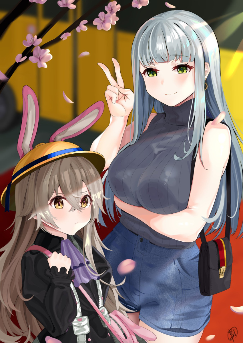 2girls alternate_costume alternate_universe animal_ears backpack bag be_garam brown_eyes cherry_blossoms commentary_request cravat earrings eyebrows_visible_through_hair girls_frontline green_eyes grey_hair hat highres hk416_(girls_frontline) jewelry mother_and_daughter multiple_girls petals pout rabbit_ears school_hat silver_hair smile sweater ump45_(girls_frontline) v younger