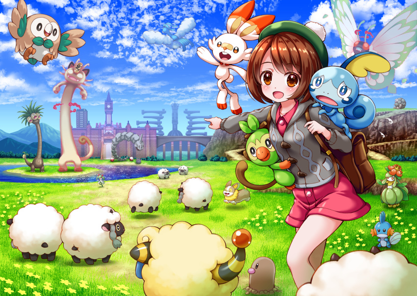 1girl :d absurdres alolan_exeggutor alolan_form altaria backpack bag bird blue_sky bluebird_(bluebird90) blush bridge brown_eyes brown_hair building character_request clock clock_tower clouds cloudy_sky cloyster collared_dress commentary_request day diglett dress electrode field flower flying_sweatdrops gen_1_pokemon gen_2_pokemon gen_3_pokemon gen_5_pokemon gen_7_pokemon gen_8_pokemon gigantamax gigantamax_butterfree gigantamax_meowth golem_(pokemon) grass green_headwear grey_cardigan grookey highres hood hood_down hooded_cardigan huge_filesize island kirlia lilligant long_sleeves looking_at_viewer mareep mountain mudkip onix open_mouth outdoors outstretched_arm owl pink_dress pointing pokemon pokemon_(creature) pokemon_(game) pokemon_swsh rowlet scorbunny sheep sitting sky smile sobble standing tam_o'_shanter tower upper_teeth water wooloo yamper yellow_flower yuuri_(pokemon)