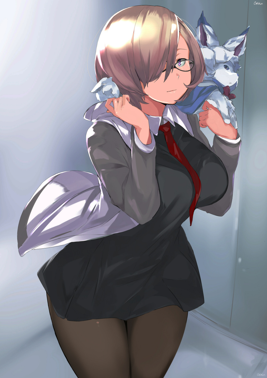 1girl absurdres black_dress black_legwear blush breasts brown_hair cafekun commentary_request dress fate_(series) fou_(fate/grand_order) glasses hair_over_one_eye highres jacket large_breasts looking_at_viewer mash_kyrielight necktie pantyhose red_neckwear short_dress short_hair smile solo violet_eyes