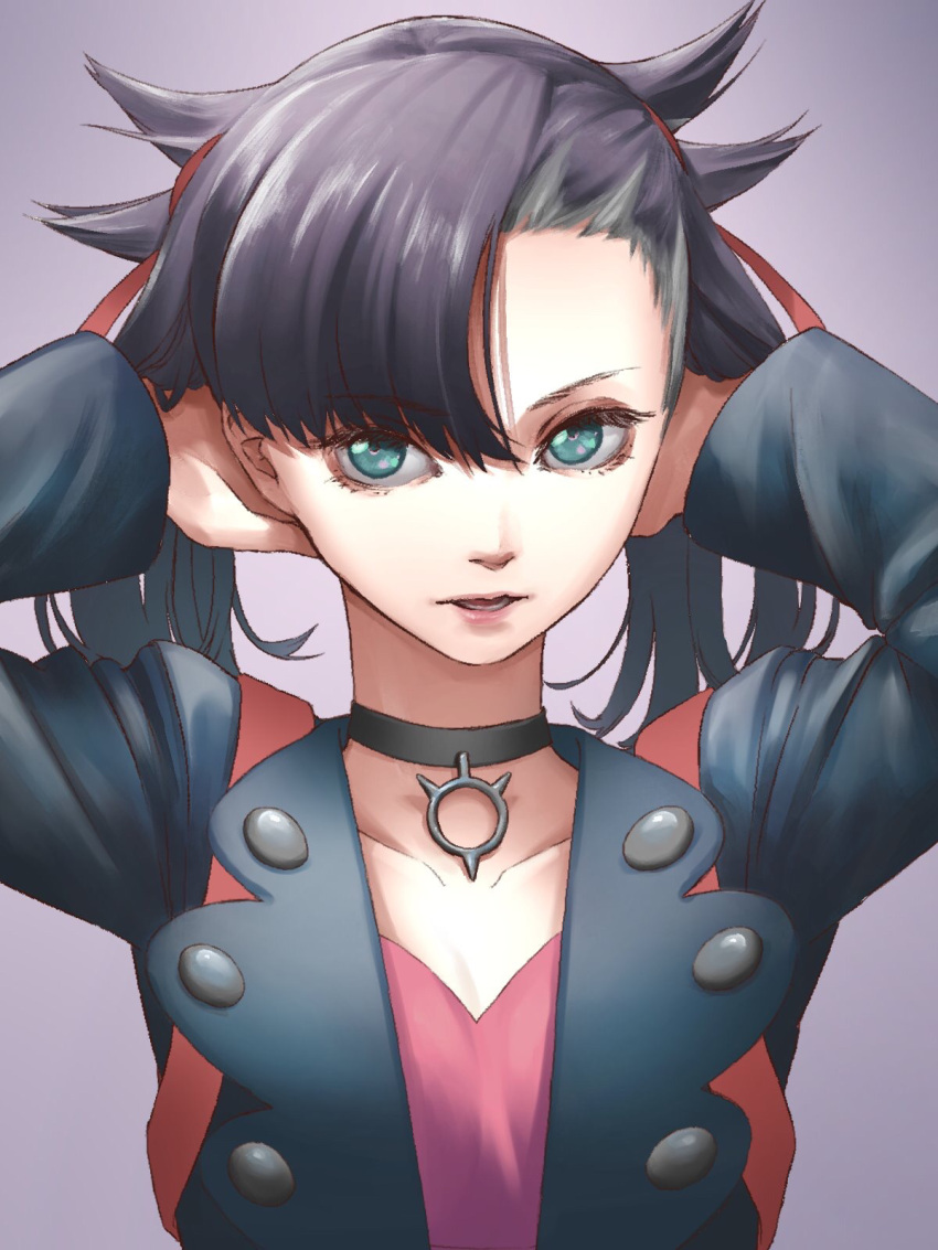 1girl aqua_eyes asymmetrical_bangs asymmetrical_hair bangs black_choker black_hair black_jacket breasts choker collarbone commentary_request dress eyebrows_visible_through_hair grey_background hair_ribbon highres jacket kasa-p long_sleeves looking_at_viewer mary_(pokemon) open_mouth pink_dress pokemon pokemon_(game) pokemon_swsh ribbon simple_background small_breasts solo twintails upper_body