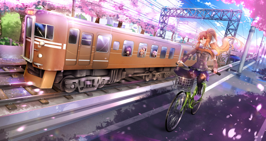 1boy 4girls absurdres bicycle bicycle_basket black_legwear blue_skirt blue_sky brown_hair cherry_blossoms commentary commission day doki_doki_literature_club english_commentary eyebrows_visible_through_hair glint green_eyes grey_jacket ground_vehicle hair_ribbon highres huge_filesize jacket long_hair monika_(doki_doki_literature_club) multiple_girls natsuki_(doki_doki_literature_club) outdoors petals pink_hair ponytail protagonist_(doki_doki_literature_club) purple_hair railroad_tracks reading ribbon riding sayori_(doki_doki_literature_club) school_uniform skirt sky sleeping solo_focus thigh-highs train tree tsukimaru very_long_hair white_ribbon yuri_(doki_doki_literature_club) zzz