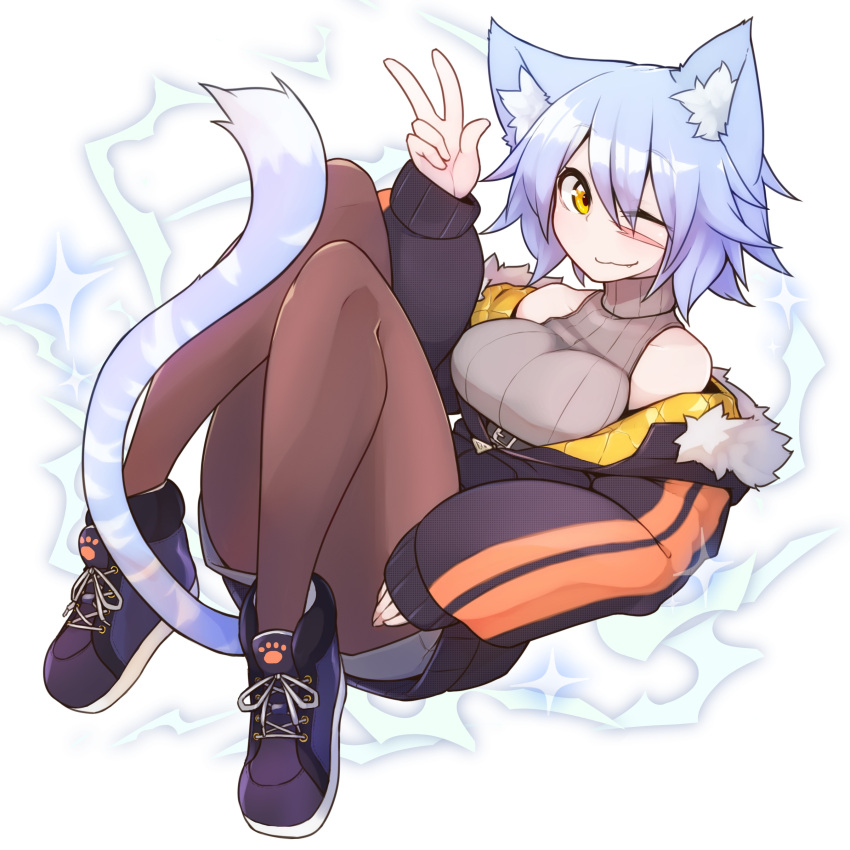 1girl absurdres animal_ear_fluff animal_ears blue_hair breasts cat_ears cat_tail commentary commentary_request electricity eyebrows_visible_through_hair facial_scar fang fur_trim highres large_breasts looking_at_viewer one_eye_closed orange_eyes original ryota_tentei scar scar_on_cheek short_hair short_shorts shorts simple_background solo sweatshirt tail tora_tentei