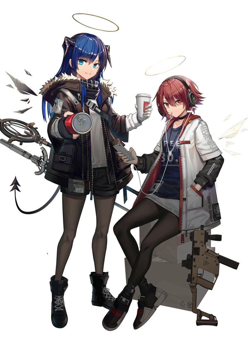 2girls absurdres arknights black_gloves black_legwear boots energy_wings exusiai_(arknights) fingerless_gloves gloves grey_hoodie gun hair_over_one_eye halo hamachi_hazuki highres holding holding_gun holding_weapon jacket jewelry kriss_vector long_hair multiple_girls pantyhose shoes short_hair short_shorts shorts sneakers submachine_gun toe_ring weapon white_jacket