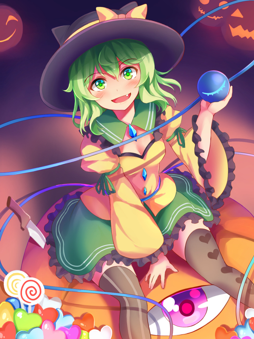 1girl :d bangs between_legs black_headwear blush bow candy commentary_request eyebrows_visible_through_hair fang food green_eyes green_hair hand_between_legs hat hat_bow heart highres holding jack-o'-lantern knife komeiji_koishi lollipop long_sleeves looking_at_viewer mismatched_legwear nagomian open_mouth puffy_long_sleeves puffy_sleeves sitting skirt smile solo striped striped_legwear swirl_lollipop third_eye touhou wide_sleeves yellow_bow