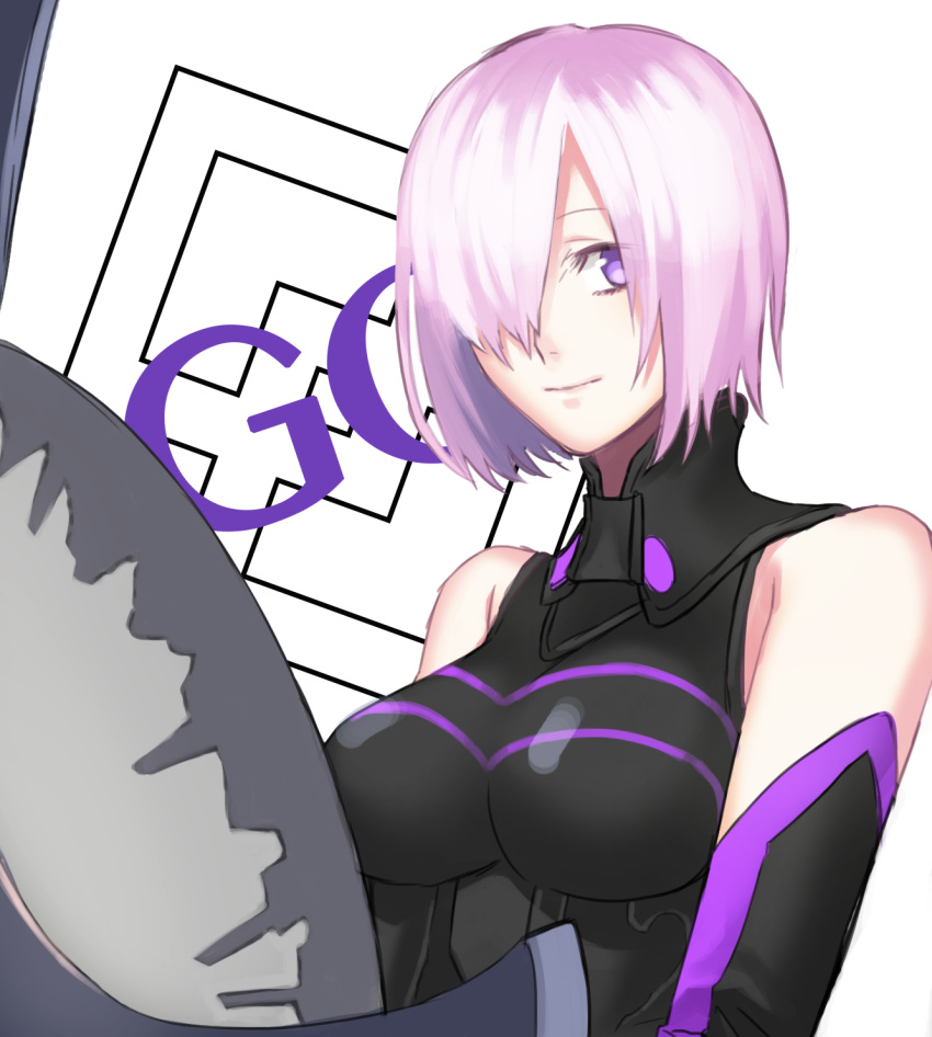 1girl black_gloves closed_mouth copyright_name elbow_gloves fate/grand_order fate_(series) gloves highres looking_at_viewer mai0124 mash_kyrielight pink_hair shield shiny shiny_hair short_hair smile solo upper_body violet_eyes white_background