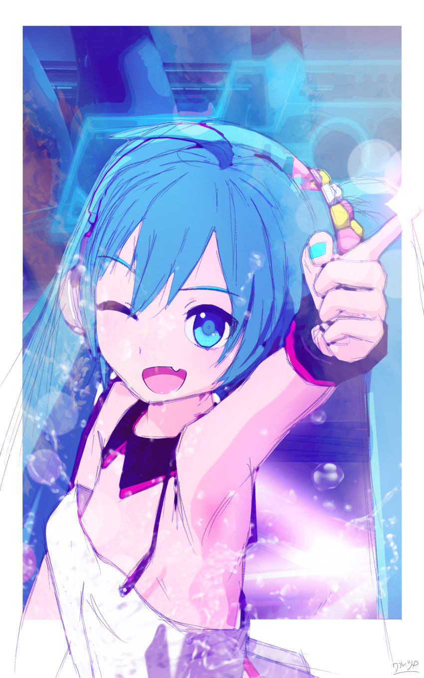 1girl absurdres ahoge aqua_nails armpits black_collar blue_eyes blue_hair collar commentary detached_collar dress fang flat_chest from_above hair_ornament hand_up hatsune_miku headphones highres index_finger_raised looking_at_viewer nail_polish one_eye_closed open_mouth redial_(vocaloid) signature sketch skin_fang skirt smile solo spaghetti_strap vocaloid walts_p. white_dress wristband