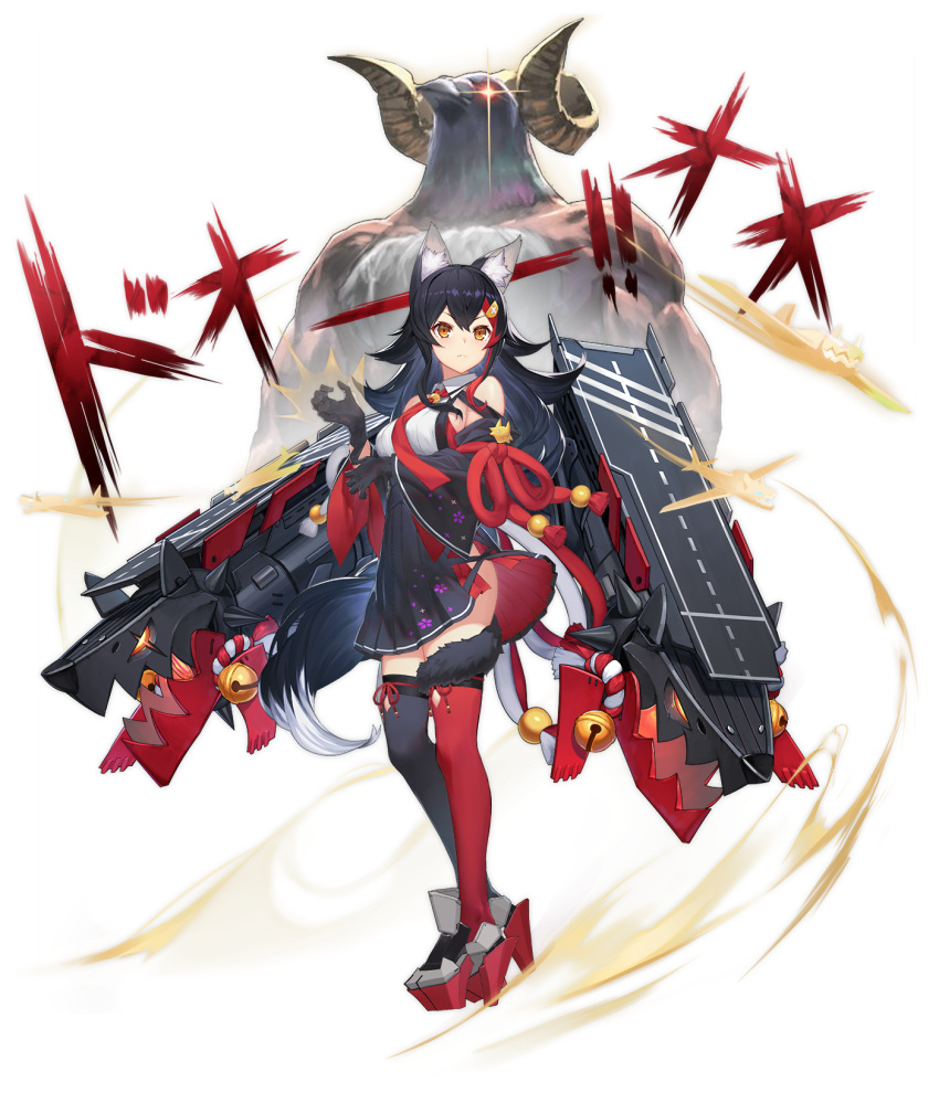 1girl aircraft animal_ear_fluff animal_ears azur_lane bare_shoulders bell black_dress black_gloves black_hair black_legwear breasts closed_mouth creature curled_horns detached_sleeves dress flight_deck gloves hatotaur high_heels highres hololive jingle_bell kouhaku_nawa long_hair long_sleeves looking_at_viewer machinery medium_breasts mismatched_legwear multicolored_hair necktie official_art ookami_mio orange_eyes red_legwear rope solo standing streaked_hair tail thigh-highs transparent_background v-shaped_eyebrows virtual_youtuber wakaba wide_sleeves wing_collar wolf_ears wolf_girl wolf_tail zettai_ryouiki