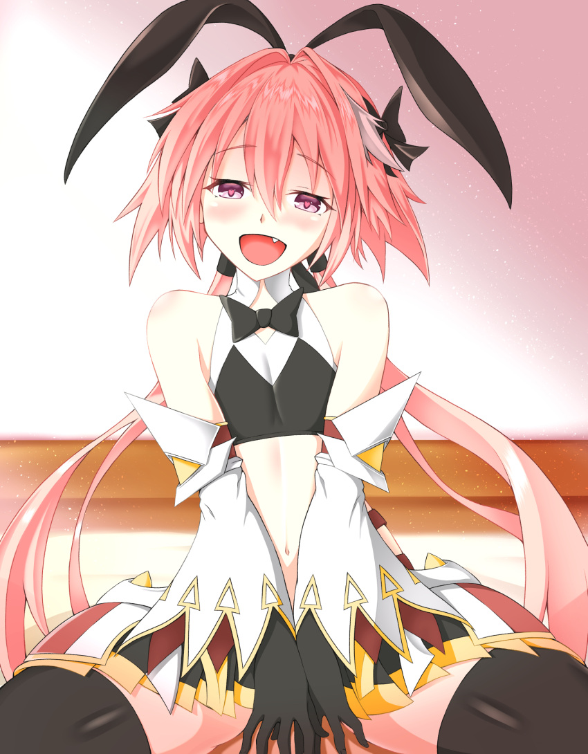 1boy animal_ears astolfo_(fate) astolfo_(saber)_(fate) bangs bare_shoulders black_bow black_gloves black_ribbon blush bow bowtie braid commentary_request eyebrows_visible_through_hair fang fate/grand_order fate_(series) gloves hair_between_eyes hair_bow hair_intakes hair_ornament hair_ribbon highres long_hair long_sleeves looking_at_viewer multicolored_hair navel otoko_no_ko pink_hair rabbit_ears ribbon sang_youmu solo streaked_hair twintails violet_eyes white_hair