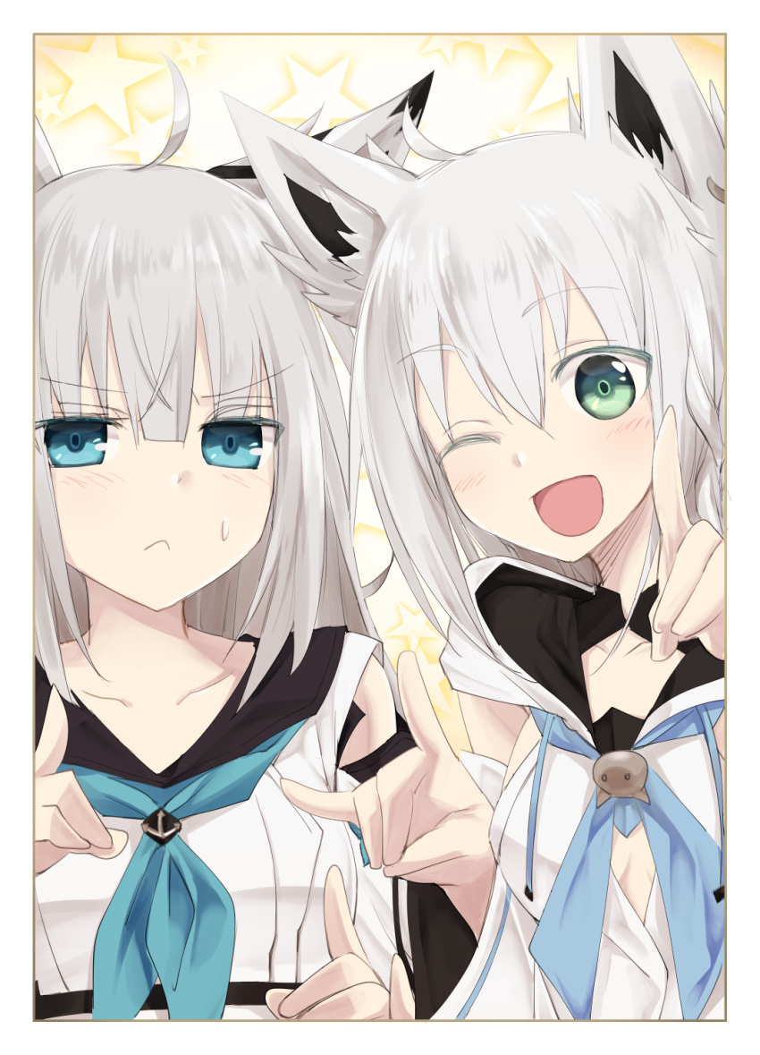 2girls ahoge animal_ear_fluff animal_ears azur_lane blue_eyes blue_neckwear blush breasts check_commentary chysk_hm closed_mouth clouds commentary_request cowboy_shot detached_sleeves fox_ears fox_shadow_puppet frame gloves green_eyes hair_between_eyes half_gloves highres hololive jewelry kawakaze_(azur_lane) long_hair long_sleeves look-alike looking_at_viewer multiple_girls neckerchief open_mouth shirakami_fubuki silver_hair smile star virtual_youtuber white_hair