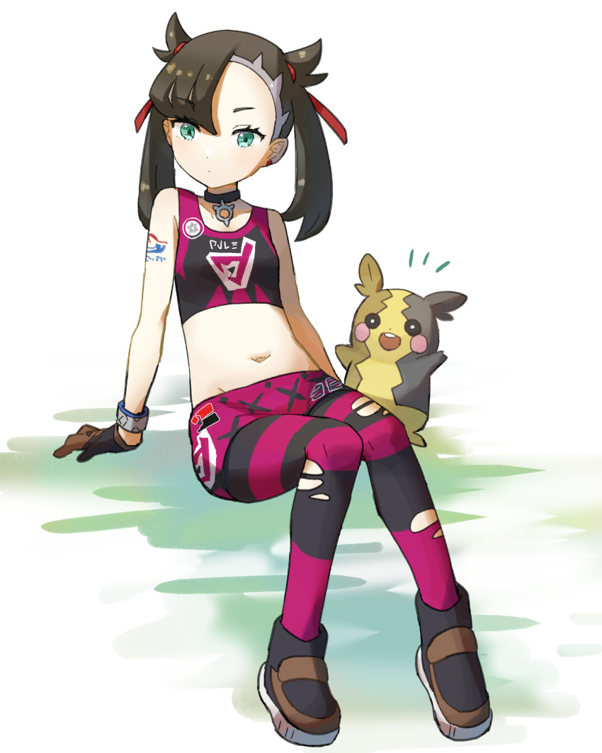 1girl :d absurdres asymmetrical_bangs bangs bare_arms bare_shoulders black_hair boots breasts choker commentary_request crop_top expressionless eyebrows_visible_through_hair full_body gen_8_pokemon gloves green_eyes hair_ribbon highres leggings looking_at_viewer mary_(pokemon) medium_hair midriff morpeko navel open_mouth peppedayo_ne pokemon pokemon_(creature) pokemon_(game) pokemon_swsh red_ribbon ribbon simple_background sitting small_breasts smile tank_top torn_clothes torn_legwear twintails two-tone_legwear wristband